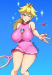  1girl absurdres blonde_hair blue_background blue_eyes blush breasts crown dress earrings feet_out_of_frame gradient gradient_background heart highres huge_breasts jewelry long_hair looking_at_viewer super_mario_bros. nintendo panties pantyshot pink_dress ponytail princess_peach racket smile solegemart solo super_mario_bros. taut_clothes taut_dress teeth tennis_racket twitter_username underwear 