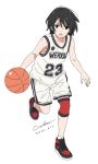  1girl bangs basketball basketball_uniform black_eyes black_hair dated eyebrows_visible_through_hair full_body nail_polish open_mouth original shoes short_hair shorts sidelocks signature simple_background sneakers solo sportswear sweat tank_top werkbau white_background 