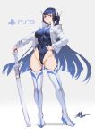 1girl absurdres alternate_costume bangs black_hair black_leotard blue_legwear boots breasts brown_eyes commentary_request covered_navel frown full_body game_console headphones highres holding katana kill_la_kill kiryuuin_satsuki large_breasts leotard long_hair looking_at_viewer personification playstation_5 signature simple_background solo sword thigh-highs thigh_boots weapon white_background white_legwear zhoumo_fangjia 