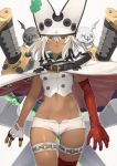  1girl bandaged_arm bandages bangs belt breasts buttons cloak clover crop_top dark_skin fingerless_gloves four-leaf_clover gloves guilty_gear guilty_gear_strive hat highres long_hair looking_at_viewer medium_breasts midriff navel open_mouth platinum_blonde_hair ramlethal_valentine short_shorts shorts white_cloak white_gloves white_headwear white_shorts yellow_eyes yunar 