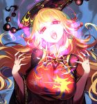  1girl aura bow breasts energy eyebrows_visible_through_hair fangs headdress highres junko_(touhou) large_breasts long_hair looking_at_viewer nail_polish open_mouth purple_nails raptor7 red_eyes sash solo tongue touhou upper_body wavy_hair wide_sleeves 