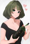  1girl alcohol bangs bare_arms blue_eyes blush bottle breasts brown_hair collarbone commentary_request eyebrows_visible_through_hair green_eyes heart heterochromia highres holding holding_bottle idolmaster idolmaster_cinderella_girls looking_at_viewer medium_breasts mole mole_under_eye senju_(snz0) short_hair short_sleeves simple_background smile solo takagaki_kaede upper_body white_background 