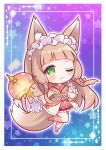  1girl animal_ear_fluff animal_ears blue_background blush border chibi commentary_request eyebrows_visible_through_hair finger_to_cheek fox_ears fox_girl fox_tail gradient gradient_background green_eyes hair_between_eyes holding holding_umbrella japanese_clothes kimono leg_up light_brown_hair long_sleeves looking_at_viewer maho_(princess_connect!) maid_headdress obi one_eye_closed orange_kimono princess_connect! princess_connect!_re:dive purple_background ryuuka_sane sash solo sparkle starry_background tail umbrella wa_maid wide_sleeves 