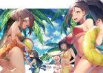  5girls antennae ashido_mina ass asui_tsuyu ball bare_arms bare_legs bare_shoulders barefoot beachball bikini black_eyes black_hair blue_sky boku_no_hero_academia breasts brown_eyes brown_hair closed_eyes clouds cloudy_sky day frilled_bikini frills green_bikini green_swimsuit highres inflatable_dolphin inflatable_toy innertube jirou_kyouka large_breasts long_hair looking_at_viewer looking_back mebaru medium_breasts multiple_girls navel one-piece_swimsuit outdoors palm_tree pink_hair ponytail red_bikini side-tie_bikini sky smile sparkle striped striped_swimsuit summer surfboard swimsuit tree uraraka_ochako very_long_hair violet_eyes yaoyorozu_momo yellow_bikini 