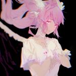  1girl artist_request bow choker gloves goddess_madoka hands_on_own_chest highres kaname_madoka long_hair looking_at_viewer mahou_shoujo_madoka_magica pink_hair smile solo two_side_up white_bow white_choker white_gloves yellow_eyes 