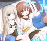  2girls ;o arm_up bangs black_skirt blue_eyes blush bottle brown_dress brown_eyes brown_hair closed_mouth commentary_request day dress eyebrows_visible_through_hair grey_hair hair_between_eyes healer_girl_(yuuhagi_(amaretto-no-natsu)) holding holding_bottle long_hair long_sleeves multiple_girls one_eye_closed original parted_lips pillow pleated_skirt puffy_long_sleeves puffy_sleeves shirt short_sleeves skirt sleeveless sleeveless_dress sleeves_past_wrists soaking_feet very_long_hair water white_shirt yuuhagi_(amaretto-no-natsu) 