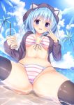  1girl animal_hood beach bikini black_hoodie black_legwear blue_eyes blue_hair breasts bubble_tea cat_hood day highres hood large_breasts looking_at_viewer navel ocean original palm_tree solo spread_legs striped striped_bikini swimsuit tree umitonakai water 