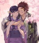  1boy 1girl black_hair butterfly_hair_ornament cherry_blossoms closed_eyes earrings forehead_scar hair_ornament haori honwaka_zz interlocked_fingers japanese_clothes jewelry kamado_tanjirou kimetsu_no_yaiba kimono long_hair side_ponytail smile tsuyuri_kanao 