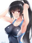 1girl alternate_hairstyle armpits arms_up bangs black_hair breasts competition_swimsuit hair_ornament hair_scrunchie highres isokaze_(kantai_collection) ka_tsumi kantai_collection large_breasts long_hair one-piece_swimsuit open_mouth ponytail red_eyes scrunchie simple_background solo swimsuit twitter_username wet 