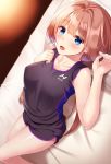  1girl :o black_shorts blue_eyes blush breasts brown_hair collarbone dutch_angle hand_up huyumitsu indoors long_hair looking_at_viewer lying medium_breasts on_back on_bed original pillow short_shorts shorts sleeveless solo sportswear 