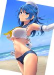  1girl adapted_costume beach blue_eyes blue_hair blue_sailor_collar blue_sky blush breasts cowboy_shot day double_bun elbow_gloves gloves hat highres kantai_collection large_breasts medium_hair navel neckerchief ocean sailor_bikini sailor_collar sailor_hat sky smile solo under_boob urakaze_(kantai_collection) wa_(genryusui) white_background white_headwear yellow_neckwear 