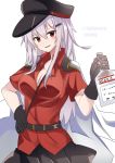  1girl alcohol black_gloves black_headwear black_legwear black_skirt bottle cowboy_shot facial_scar fathom gangut_(kantai_collection) gloves grey_hair hat highres jacket jacket_on_shoulders kantai_collection long_hair looking_at_viewer orange_eyes peaked_cap red_shirt remodel_(kantai_collection) scar scar_on_cheek shirt short_sleeves simple_background skirt solo twitter_username vodka white_background white_jacket 