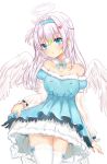  1girl angel angel_wings bangs bare_shoulders blue_dress blue_eyes blue_hairband collarbone commentary_request dress eyebrows_visible_through_hair feathered_wings fur-trimmed_dress fur_trim girls_frontline hair_between_eyes hair_ornament hairband hairclip halo heart heart_hair_ornament highres long_hair long_sleeves off-shoulder_dress off_shoulder one_side_up puffy_long_sleeves puffy_short_sleeves puffy_sleeves satori_(ymoy) see-through short_over_long_sleeves short_sleeves silver_hair simple_background snowflake_hair_ornament solo suomi_kp31_(girls_frontline) thigh-highs white_background white_legwear white_wings wings 