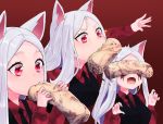  3girls absurdres animal_ears bangs blush breasts cerberus_(helltaker) collared_shirt commentary demon_girl dog_ears dog_girl eating food food_on_face helltaker highres holding holding_food long_hair long_sleeves minggoo multiple_girls necktie open_mouth pancake parted_bangs red_background red_eyes red_shirt shirt silver_hair simple_background triplets upper_body white_hair wing_collar 