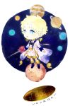  1boy blonde_hair blue_eyes boots character_name chibi coat fate/grand_order fate/requiem fate_(series) highres male_focus open_mouth planet rapier shorts space star_(sky) star_(symbol) sword tetsu_(teppei) voyager_(fate/requiem) weapon 