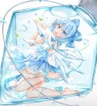  1girl bare_legs barefoot blue_bow blue_dress blue_eyes blue_hair blue_ribbon bottle bow bubble cirno commentary_request dress hair_bow highres ice ice_crystal ice_wings looking_at_viewer looking_back moko_(mokochisa) open_mouth ribbon short_dress short_hair sleeveless sleeveless_dress solo touhou wings 