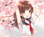  1girl arms_up breasts brown_eyes brown_hair cherry_blossoms highres katsushika_pachi long_hair looking_at_viewer original school_uniform serafuku small_breasts solo spring_(season) uniform 