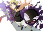  1boy absurdres blonde_hair commentary_request film_grain gastly gen_1_pokemon ghost gym_leader hand_in_pocket headband highres huge_filesize long_sleeves looking_at_viewer matsuba_(pokemon) outstretched_arm pants perspective pokemon pokemon_(creature) pokemon_(game) pokemon_hgss purple_headband purple_scarf scarf short_hair smile spread_fingers standing tamaru_(user_nkxd4384) teeth violet_eyes white_background white_pants 