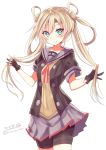  1girl abukuma_(kantai_collection) bike_shorts black_gloves blonde_hair blue_eyes blush brown_sweater closed_mouth double_bun gloves grey_sailor_collar grey_serafuku grey_skirt hair_between_eyes hair_rings highres hizaka kantai_collection long_hair neck_ribbon open_mouth partly_fingerless_gloves pleated_skirt red_ribbon remodel_(kantai_collection) ribbon sailor_collar school_uniform serafuku short_sleeves shorts shorts_under_skirt simple_background skirt smile solo sweater twintails twitter_username white_background 