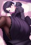  1girl bangs black_bow black_dress blush bow brown_legwear dress feet_out_of_frame from_above hair_ornament hair_scrunchie huyumitsu long_hair long_sleeves lying on_bed on_side original pantyhose parted_bangs pillow ponytail scrunchie smile solo violet_eyes white_scrunchie 