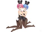  2girls absurdres animal_ears back-seamed_legwear black_legwear black_leotard black_neckwear blue_eyes blue_hair blue_ribbon bow bowtie bunny_girl bunny_tail bunnysuit detached_collar fake_animal_ears hair_ornament hair_over_one_eye hair_ribbon highres hug kneeling leotard looking_at_viewer multiple_girls pantyhose pink_hair pink_ribbon rabbit_ears ram_(re:zero) re:zero_kara_hajimeru_isekai_seikatsu red_eyes red_ribbon rem_(re:zero) ribbon sainohikari seamed_legwear short_hair siblings simple_background sisters strapless strapless_leotard tail twins white_background wrist_cuffs x_hair_ornament 