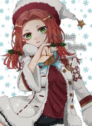  1girl braid eleanor_hume green_eyes hat highres looking_at_viewer merry_christmas mistletoe red_sweater redhead shigemori_0514 solo sweater tales_of_(series) tales_of_berseria white_headwear 