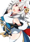  1girl :d ahoge azur_lane commentary_request grey_hair hair_ornament hibiki_(azur_lane) hibiki_(new_year&#039;s_little_imp)_(azur_lane) highres horns japanese_clothes koutarou_(plusdrive) looking_at_viewer open_mouth red_eyes red_horns simple_background smile solo thigh-highs white_background white_legwear 