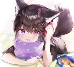  1girl :d animal_ears bag_of_chips black_shirt blue_eyes brown_hair cellphone chips commentary_request fang food heterochromia highres holding holding_phone lying medium_hair naked_shirt on_stomach open_mouth original phone pillow red_eyes rukako shirt short_sleeves skin_fang smartphone smile tail wolf_ears wolf_tail yoyogi_(rukako) 