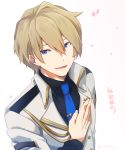 1boy 347th black_footwear blonde_hair blue_eyes blue_neckwear commentary_request hair_between_eyes hand_on_own_chest holostars jacket kishido_temma long_sleeves looking_at_viewer male_focus necktie open_mouth petals short_hair smile solo translation_request twitter_username upper_body virtual_youtuber white_jacket 