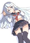  1girl :o absurdres anchor_symbol arm_up bangs black_legwear black_sailor_collar black_skirt blue_eyes blush commentary_request eyebrows_visible_through_hair feet_out_of_frame grey_hair hair_between_eyes hand_up hibiki_(kantai_collection) highres ichi jewelry kantai_collection long_hair long_sleeves midriff navel neckerchief panties parted_lips pleated_skirt red_neckwear ring sailor_collar shirt shirt_lift skirt skirt_lift solo thigh-highs underwear undone_neckerchief undone_neckwear very_long_hair wedding_band white_background white_panties white_shirt 