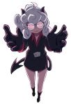  1girl absurdres black_footwear black_gloves black_skirt black_suit curly_hair demon_tail gloves helltaker highres horns krr316 looking_at_viewer name_tag pandemonica_(helltaker) reaching_out red_eyes red_shirt sadism shirt skirt smile tail white_hair 