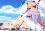  1girl bare_shoulders blonde_hair blue_eyes blue_sky clouds flower hair_flower hair_ornament mizopost o-ring o-ring_bikini o-ring_top ocean open_clothes ponytail princess_connect! princess_connect!_re:dive sandals sandals_removed saren_(princess_connect!) see-through sitting sky smile swimsuit umbrella 