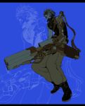  1boy bare_shoulders blue_background boots chenrong96 cyberpunk gun highres holding holding_gun holding_weapon male_focus mask mechanical_arm open_mouth original screaming sketch solo teeth tube weapon 