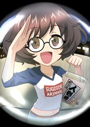  1girl absurdres akiyama_yukari arm_up bag belt bespectacled blue_shorts blush brown_eyes brown_hair collarbone cosplay crop_top denim denim_shorts excel_(shena) eyebrows_visible_through_hair fisheye girls_und_panzer glasses highres holding holding_bag looking_at_viewer messy_hair navel open_mouth short_hair shorts smile solo uzaki-chan_wa_asobitai! uzaki_hana uzaki_hana_(cosplay) 