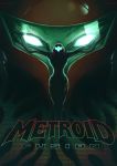  1girl 1other copyright_name dark_background fusion_suit glowing glowing_eyes helmet looking_at_viewer metroid metroid_fusion muddymike outstretched_arms power_armor sa-x samus_aran visor 