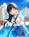  ._(user_skvv5757) 1girl absurdres black_hair blue_eyes blue_sailor_collar blue_skirt clouds day eyelashes hair_behind_ear highres holding_hose huge_filesize long_hair long_sleeves looking_at_viewer one_eye_closed original outdoors pleated_skirt pool pool_ladder sailor_collar shirt skirt sky solo summer symbol_commentary uniform water water_drop white_shirt 