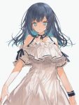  1girl bare_shoulders black_hair blue_eyes blue_hair bracelet closed_mouth corn1l eyebrows_visible_through_hair frills frown jewelry long_hair mole mole_under_eye multicolored multicolored_hair original simple_background sketch solo white_background 