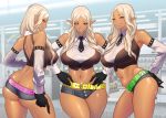  3girls ass back bare_shoulders belt black_gloves breasts commentary_request convenience_store covered_nipples dark_skin detached_sleeves ear_piercing elf gloves grin gyaru hands_on_hips long_hair looking_at_viewer midriff multiple_girls navel necktie original parted_hair piercing pink_eyes pointy_ears shop short_shorts shorts smile tatsunami_youtoku 