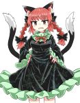  animal_ears black_bow black_dress black_tail bow braid cat_ears cat_tail chups cowboy_shot dress extra_ears eyebrows_visible_through_hair fang frilled_dress frilled_skirt frilled_sleeves frills green_frills hands_on_hips highres kaenbyou_rin looking_at_viewer multiple_tails red_eyes red_nails red_neckwear redhead simple_background skirt tail touhou twin_braids two_tails white_background 