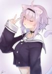  1girl ;p animal_ears breasts cat_ears cat_tail collar fataaa hairband highres hololive looking_at_viewer midriff navel nekomata_okayu one_eye_closed purple_hair purple_nails sailor_collar short_hair sleeves_past_wrists solo tail tongue tongue_out v violet_eyes virtual_youtuber 