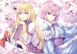 2girls arm_garter arm_rest arm_under_breasts arm_up armband blonde_hair blue_kimono blurry blurry_background breasts cherry_blossoms commentary depth_of_field dress eyebrows_visible_through_hair gap_(touhou) hair_between_eyes head_tilt japanese_clothes juliet_sleeves kimono large_breasts light_smile long_hair long_sleeves looking_at_viewer mirufui multiple_girls no_headwear obi parted_lips pink_eyes pink_hair puffy_sleeves red_pupils saigyouji_yuyuko sash shiny shiny_clothes shiny_hair short_hair sitting tabard touhou upper_body very_long_hair violet_eyes white_dress yakumo_yukari 