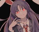  1girl animal_ears black_background bunny_girl collarbone dutch_angle face hair_over_eyes joniko1110 long_hair looking_at_viewer necktie outline outstretched_hand portrait purple_hair rabbit_ears red_eyes red_neckwear reisen_udongein_inaba simple_background smile solo touhou very_long_hair 