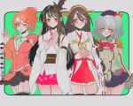  4girls anno88888 aquila_(kantai_collection) bangs beret black_hair blue_eyes blush breasts character_name detached_sleeves epaulettes eyebrows_visible_through_hair fusou_(kantai_collection) garter_straps grey_hair hair_ornament hairclip haruna_(kantai_collection) hat headgear highres japanese_clothes kantai_collection kashima_(kantai_collection) large_breasts long_hair long_sleeves multiple_girls nontraditional_miko one_eye_closed open_mouth orange_hair ponytail red_eyes red_skirt ribbon-trimmed_sleeves ribbon_trim simple_background skirt smile thigh-highs wide_sleeves 