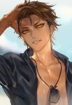  1boy alternate_costume alternate_hairstyle blurry blurry_background brown_hair chest dark_skin dark_skinned_male earrings eyeshadow eyewear_removed fate/grand_order fate_(series) hand_in_hair highres jewelry looking_at_viewer makeup male_focus open_clothes open_shirt ozymandias_(fate) pectorals shiny shiny_hair sky smile sunglasses takashi_(huzakenna) upper_body wet yellow_eyes 