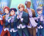  5boys adjusting_clothes adjusting_gloves arm_across_waist ashe_ubert black_hair blonde_hair blue_eyes blue_suit brown_eyes brown_suit candle candlestand cup curtains dark_skin dark_skinned_male dedue_molinaro dessert dimitri_alexandre_blaiddyd eyepatch felix_hugo_fraldarius fire_emblem fire_emblem:_three_houses food fork formal gloves green_eyes hair_over_one_eye hand_up holding holding_tray indoors knife multiple_boys one_eye_closed pocket_square red_suit redhead silver_hair smile smk023 standing suit sylvain_jose_gautier teacup teapot towel tray vest waiter white_hair 