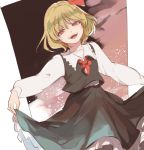  1girl black_skirt blonde_hair bow dutch_angle fangs frilled_skirt frills grin highres joniko1110 looking_at_viewer outstretched_arm red_bow red_eyes rumia skirt skirt_lift smile solo touhou 