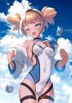  1girl ahoge bird blonde_hair blue_eyes breasts clouds covered_navel cowboy_shot earrings goggles goggles_on_head granblue_fantasy highres jewelry leotard one_eye_closed penguin pengy_(granblue_fantasy) rojione twintails 