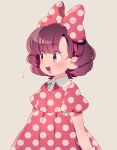  1girl bow brown_eyes brown_hair disney dress gijinka hair_bow hairband kiri_futoshi looking_to_the_side mickey_mouse_(series) minnie_mouse open_mouth personification polka_dot polka_dot_dress puffy_short_sleeves puffy_sleeves short_sleeves signature smile solo upper_body 
