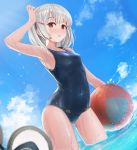  1girl animal_ears arm_up armpits ass_visible_through_thighs ball bangs beachball blue_sky blue_swimsuit blush breasts clouds collarbone covered_navel day eyebrows_visible_through_hair fake_animal_ears granblue_fantasy hair_ornament hairclip headwear_removed highres holding holding_ball looking_at_viewer mouse_ears ocean old_school_swimsuit one-piece_swimsuit outdoors parted_lips red_eyes school_swimsuit short_hair silver_hair sky small_breasts solo standing sugawara_you swimsuit vikala_(granblue_fantasy) wading water wet 