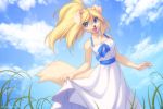  1girl :3 animal_ears animal_nose blonde_hair blue_eyes blue_ribbon breasts clouds cloudy_sky collarbone commentary day dog dog_ears dog_girl dog_tail dress english_commentary fangs feet_out_of_frame furry grass hair_between_eyes iskra long_hair looking_to_the_side medium_breasts open_mouth original ponytail ribbon sky solo standing summer sundress tail white_dress yellow_fur 